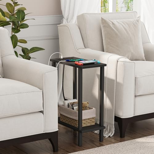 TUTOTAK Small End Table with Charging Station, Narrow Side Table with USB Ports and Outlets, Skinny Sofa Table, Slim Nightstand, Living Room, Bed Room, Black TB01BK060 - color: Black, size: 2-tier