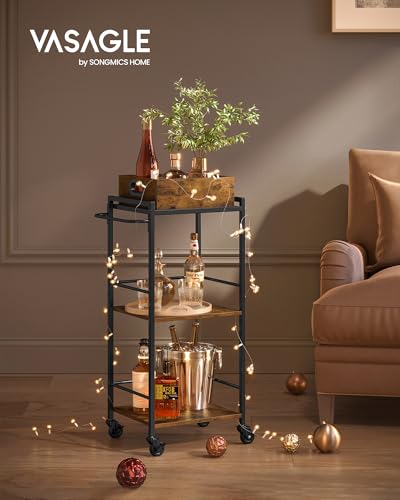 VASAGLE Kitchen Serving Cart with Removable Tray, 3-Tier Kitchen Utility Cart on Wheels with Storage, with Brakes, Leveling Feet, 11.8 x 13.7 x 33.9 Inches, Rustic Brown and Black ULRC062B01 - color: Rustic Brown + Black, size: 11.8"D x 13.7"W x 33.9"H