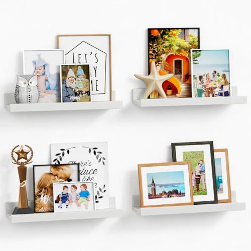 Forbena White Picture Ledge Shelf, Floating Shelves with Lip for Bedroom Books, Corner Nursery Book Shelves Wall Mounted for Small Spaces Office Baby Child Kids Room Art Decor (4-Pack, Real Wood) - color: White, size: 16 Inch