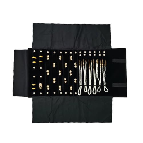 Velvet Travel Jewelry Case Roll Bag Organizer for Necklace Bracelet Earrings Ring (Black) (Black(2+6+6)) - color: Black (2+6+6)