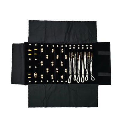 Velvet Travel Jewelry Case Roll Bag Organizer for Necklace Bracelet Earrings Ring (Black) (Black(2+6+6)) - color: Black (2+6+6)