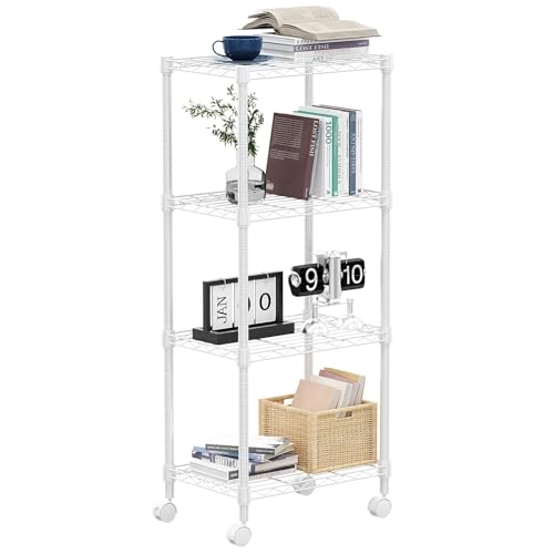 M MZG 1000 lbs 4-Shelf Adjustable Heavy Duty Steel Wire Rack, Adjustable Storage Shelving Unit with Wheel for Kitchen, Garage, Laundry White 11.8" D x 17.7" W x 40.8" H - color: White, size: 4 tier, 11.8" D x 17.7" W x 40.8" H