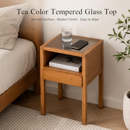Bamboo Nightstand Small Bedside Tables with Drawer, Tea | Tempered Glass Top, Open Shelf, Mid Century Modern Night Stand for Bedroom, Living Room, Apartment, Small Space - color: Tea Color Glass
