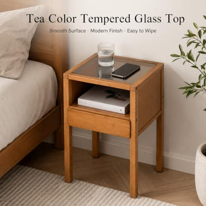 Bamboo Nightstand Small Bedside Tables with Drawer, Tea | Tempered Glass Top, Open Shelf, Mid Century Modern Night Stand for Bedroom, Living Room, Apartment, Small Space - color: Tea Color Glass