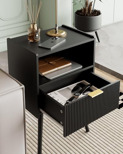 Veegle Nightstand,Modern Bedside Table with Storage Drawer and Open Wood Shelf, Accent Night Stand with Solid Wood Legs for Living Room, Bedroom and Small Spaces,Easy Assembly (Black) - color: Black