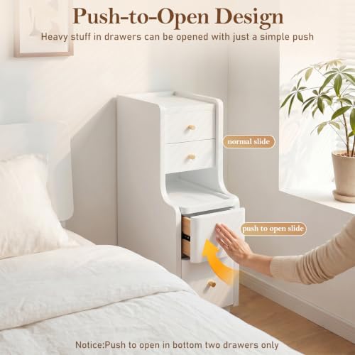 Narrow Nightstand with 4 Drawers, 7.9" Solid Wood Narrow Bedside Table White with Open Shelf & Cable Hole, Modern Night Stand Slim Bedside Table for Bedroom(Fully Assembly) - color: White