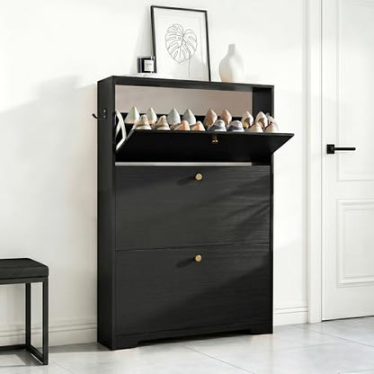 Nicetree Shoe Cabinet with 3 Flip Drawers, Narrow Shoe Organizer Cabinet, Freestanding Shoe Rack Cabinet, Modern Shoe Storage Cabinet for Entryway, Hallway, Foyer, Black with Hook - color: Black, style: 3-Drawers with Hook
