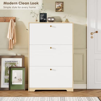 Nicetree Shoe Storage Cabinet for Entryway, Modern Shoe Cabinet, Freestanding Shoe Rack Cabinet, Hidden Shoe Dresser for Hallway,Foyer, Natural Oak and White - color: Natural Oak and White, style: 3-Drawers