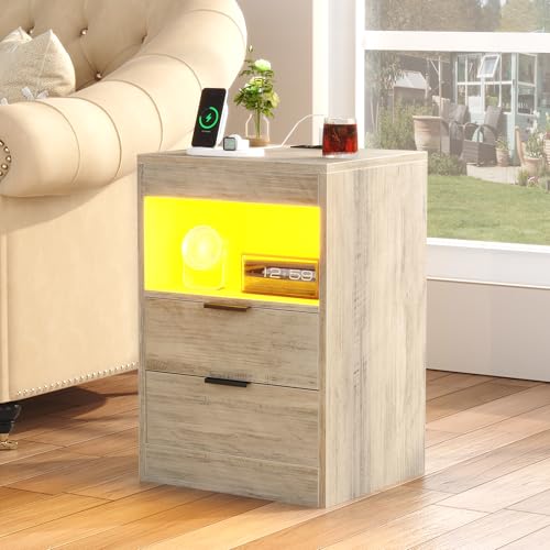 Gadroad LED Nightstand with Charging Station, Bedside Table with USB Ports & Power Outlets, Modern Night Stand with Drawers for Bedroom Small Spaces, Grey - color: Grey