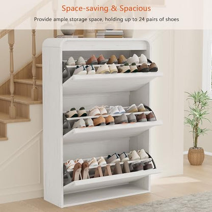 Garvee Shoe Cabinet with 3 Flip Drawers, Modern Narrow Shoe Storage Cabinet Organizer with Adjustable Shelf, 46" Tall Hidden Freestanding Shoe Rack Cabinet for Entryway, Hallway, Distressed White - color: Distressed White