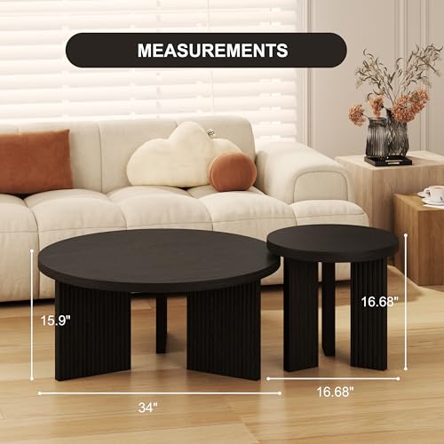 Nesting Coffee Table Set of 2, Black | Modern Wooden Coffee Table, Circle Tea Table and End Table Set, Accent Center Tables for Living Room, Office - color: Black, style: Coffee Table Set of 2