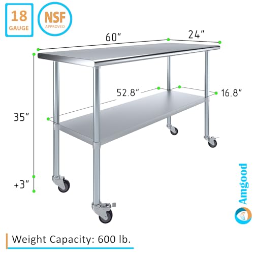 AmGood 60" Long x 24" Deep Stainless Steel Table with Casters - size: 60" Long x 24" Deep