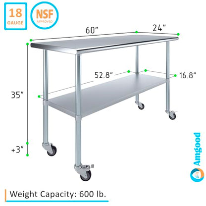 AmGood 60" Long x 24" Deep Stainless Steel Table with Casters - size: 60" Long x 24" Deep