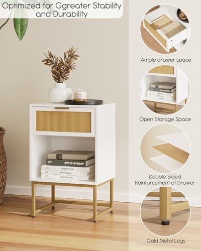 Masupu Rattan Nightstand,Modern Night Stand Boho Farmhouse Wood Bedside Table with Storage Drawer Side End Table for Bedroom,Office,White - color: Rattan-white