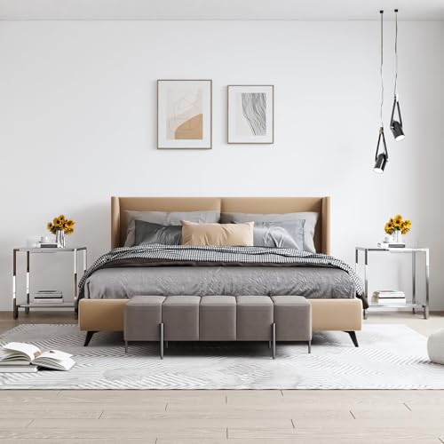 2 Tier Square End Table Side Table with Tempered Glass Top and Silver Stainless Steel Frame Modern Night Stand for Small Spaces Side Table with Storage for Living Room Bedroom - color: Silver, style: Style 1
