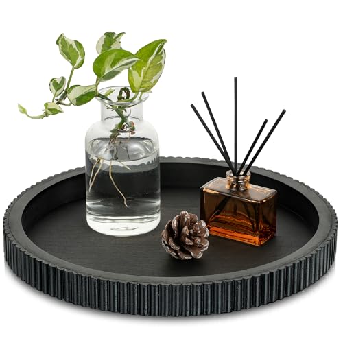 Hanobe Black Decorative Coffee Table Tray, Scalloped Edge | 12" round wood centerpiece tray, ideal for living room, entryway table, kitchen island, fits modern decor. - color: Black