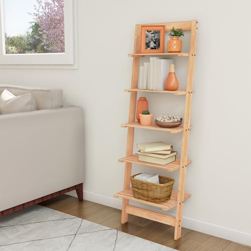 5-Tier Ladder Shelf - 50-Inch Narrow Leaning Bookshelf - Wooden Bookcase for Living Room, Bathroom, Kitchen, Office, or Bedroom Furniture by Lavish Home (Oak) - color: Pickled Oak