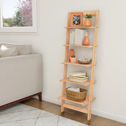 5-Tier Ladder Shelf - 50-Inch Narrow Leaning Bookshelf - Wooden Bookcase for Living Room, Bathroom, Kitchen, Office, or Bedroom Furniture by Lavish Home (Oak) - color: Pickled Oak