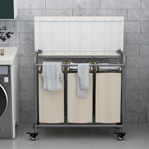 LINZINAR 3-Bag Laundry Hamper with Ironing Board, Beige 135L Laundry Sorter | Laundry Room Organization with Heavy Duty Rolling Lockable Wheels and Removable Bag, Bedroom Laundry Cart for Clothes Storage - size: 3 Bags Beige with Board