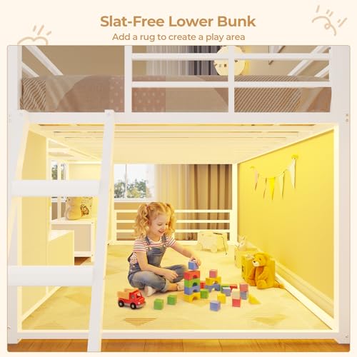 BTHFST Low Bunk Bed Twin Over Twin with 8 Fabric Drawers & Bookshelf, Twin Bunk Beds with RGB LED Lights, Windows, Metal Bunk Beds for Kids with Slanted Ladder & Safety Guardrails, Space Saving, White