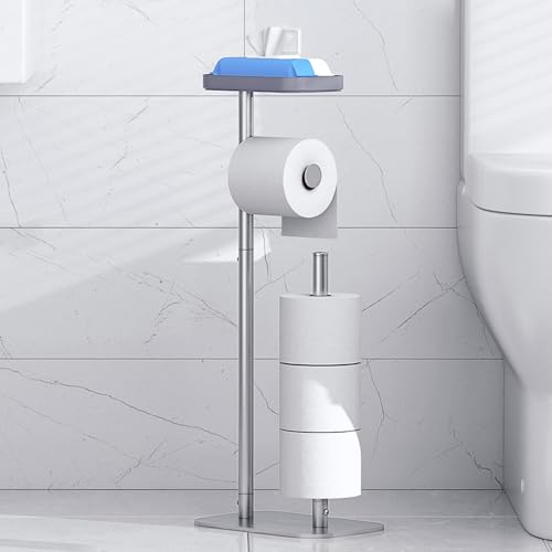 Kitsure Metal Toilet Paper Holder Free Standing, Medium, Silver | Rustproof Toilet Paper Stand for 4 Rolls, Bathroom Organizers and Storage with Anti-Slip Base and Plastic Shelf - color: Silver, size: Medium - 1 Pack