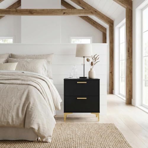 Furnifact Black Nightstand, 2 Drawers, Modern Design, Gold Metal Legs, Durable Construction, Stylish Bedroom Storage, Contemporary Finish