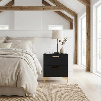 Furnifact Black Nightstand, 2 Drawers, Modern Design, Gold Metal Legs, Durable Construction, Stylish Bedroom Storage, Contemporary Finish