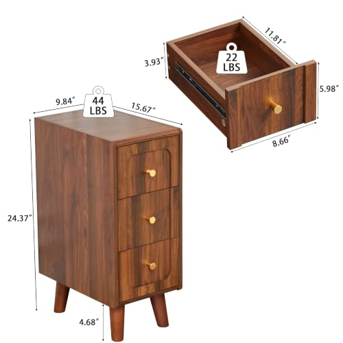 Narrow Nightstands with 3 Drawers, Wooden Farmhouse Bedside Tables, Slim End Tables with Storage, Small Night Stand for Bedroom, Living Room, Small Spaces - color: 3drawers-walnut-1pcs