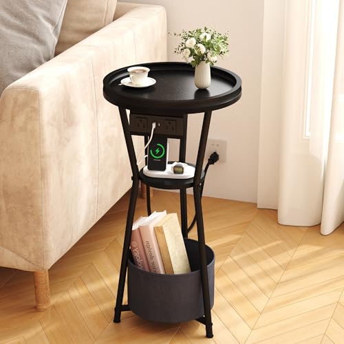 Yusong Round Side Table with Charging Station, Small Drink Table for Small Spaces, 3-Tier Industrial End Table, Accent Nightstand Bedside Table for Living Room, Bedroom, Sofa Couch, Black - color: Black, size: 3 Tier (Charging Station)