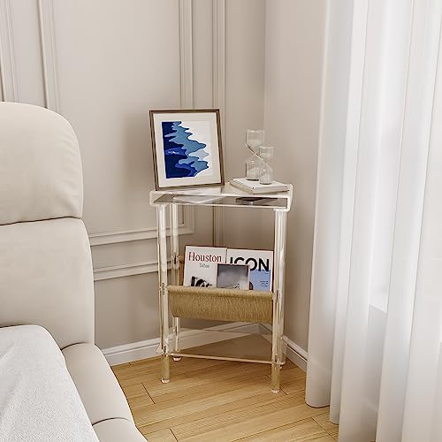 Eglaf Acrylic Narrow Side Table for Small Spaces - Slim End Table | Skinny Side Table with Magazine Holder, Small Bedside Table Nightstand for Living Room Bedroom, 15.7” L x 7” W x 23.9” H