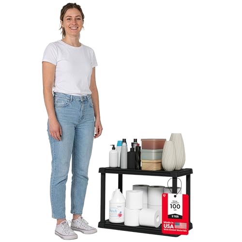 IRIS USA 2-Shelf Light Duty Plastic Storage Shelves, 100lb Capacity, 17" H x 24" W x 12" D, Medium Modular Shelving Unit Storage Organizer for Bathroom, Laundry, Garage & Home, Storage Rack - Black - color: Black, size: 2 Tier | 12"D x 24"W x 17"H