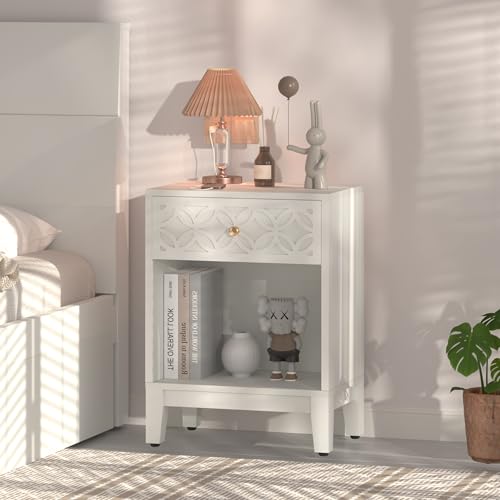 White Nightstand with Drawer and Open Shelf, 17.7 W | Modern Bed Side Table for Bedroom, Small End Table for Small Spaces, Living Room, Easy Assembly