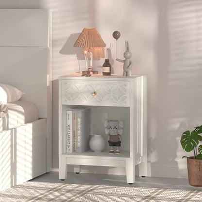 White Nightstand with Drawer and Open Shelf, 17.7 W | Modern Bed Side Table for Bedroom, Small End Table for Small Spaces, Living Room, Easy Assembly