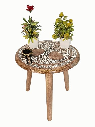 VANIYA CRAFTS® Wooden Engraved Fold-able Side Table/End Table/Plant Stand/Stool for Living Room Bedroom Restaurant Kids Play Furniture Table Round Shape (Natural White 4) - color: Natural White 4