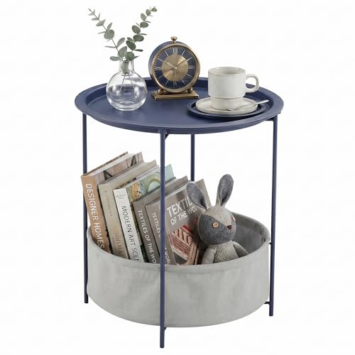 VECELO Round Side/End Table with Fabric Storage Basket，Metal Anti-Rust and Waterproof Small Bedside Nightstand with Removable Tray Top for Living Room，Balcony & Laundry，Blue /1pcs with Basket - color: Blue, size: 1 PCS with Basket