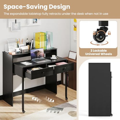 Giantex Small Computer Desk with Hutch & Drawers, Extendable Writing Desk w/Pull Out Secondary Table, Monitor Stand & Rolling Wheels, Console Table, Compact Desk for Small Spaces, Home Office (Black) - color: Black