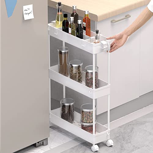 Slim Storage Cart 3 Tier,Bathroom Organizer Rolling Utility, Mobile Shelving Unit Slide Out for Office, Kitchen, Laundry Room & Narrow Places,White - color: White