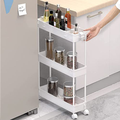 Slim Storage Cart 3 Tier,Bathroom Organizer Rolling Utility, Mobile Shelving Unit Slide Out for Office, Kitchen, Laundry Room & Narrow Places,White - color: White