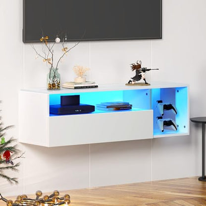 sogesfurniture 39.3'' Floating Wall TV Cabinet Stand with LED Lights, Wall Mounted Entertainment Center with Storage Shelves, Modern High Gloss Media Console for Living Room, Bedroom - size: 39.3''-White