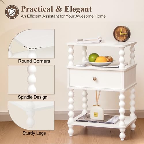 AWASEN White Nightstand, Bed Side Table Bedroom with Drawer, 3-Tier Small Night Stand End Table with Storage for Small Spaces &Solid Wood Spindle Legs, White - color: White