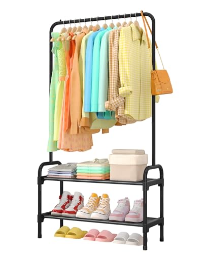 Sakugi Clothes Rack - 29.3" × 12.5" × 59.6" Clothing Rack and Shoe Rack with Anti-Slip Stopper, Large Capacity Rack with 2-Tier Shoe Organizer, Clothes Organizer for Bedroom, Entrance, Laundry, Black - color: Black