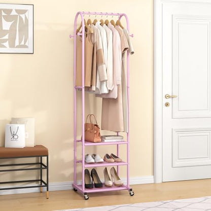 Kaitiemoo Heavy Duty Clothing Rack With Wheels,Modern Garment Rack With 3 Metal Shelves, 71.8Inches Display Rack For Hanging Clothes, Hanging Rod For Small Space,Pink - color: Pink