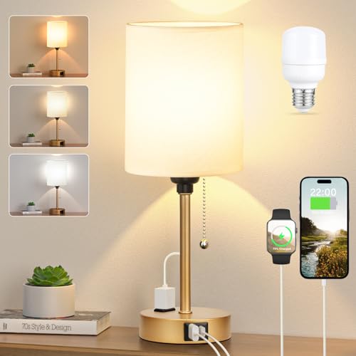 Dicoool Small Bedside Lamps 3 Color Modes - 3000K 4000K 5000K Bedroom Lamps with USB C and A Ports, Pull Chain Gold Table Lamps with AC Outlet, Nightstand Lamps with Gold Metal Base for Kids Reading - color: White-Gold, size: 14.6 in