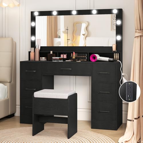 CHARMAID Vanity Desk with Mirror and Lights, Charging Station & Storage Stool, Makeup Vanity Table with 7 Drawers, 3 Open Cubbies, 46.5" Large Modern Dressing Table with Chair for Bedroom, Black - color: Black, size: 46.5"W (With Stool)