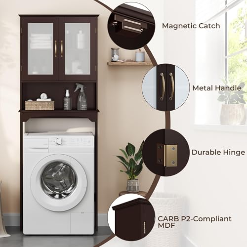 Yaheetech Over The Toilet Storage Cabinet, Free Standing Toilet Rack with Adjustable Shelves and Tempered Glass Doors for Bathroom Washroom, Espresso - color: Espresso