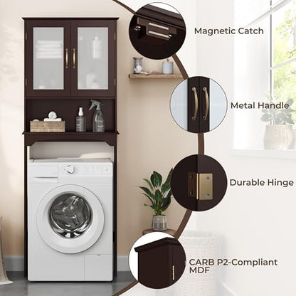Yaheetech Over The Toilet Storage Cabinet, Free Standing Toilet Rack with Adjustable Shelves and Tempered Glass Doors for Bathroom Washroom, Espresso - color: Espresso