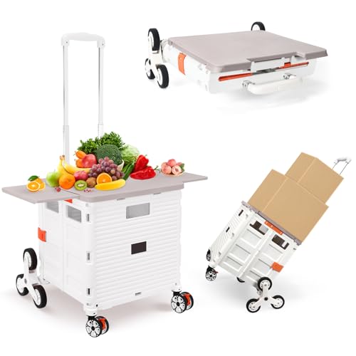 Foldable Utility Cart with Stair Climbing Wheels,Collapsible Rolling Crate with Magnetic Lid Telescopic Cover,Telescoping Handle,360° Rotate Wheel Hand Cart for Teacher Shopping Moving(Milky White) - color: White, size: Magnetic Extended Lid &Climber Whee