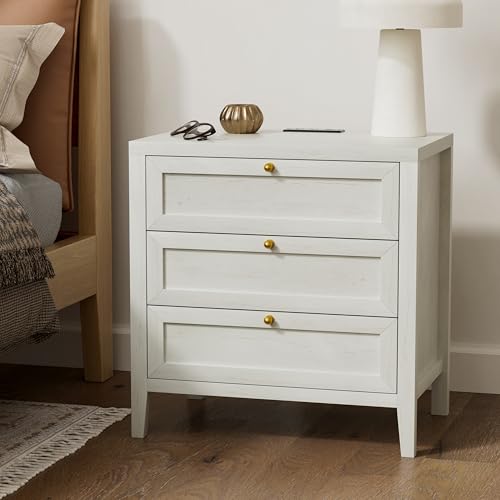 Large Nightstand Set of 2 with 3 Drawers, Farmhouse Bedside End Table with Charging Station, Modern Wood Night Stand for Sofa, Bedroom, Antique White - color: Antique White, size: 2 PCS (3 Drawers)