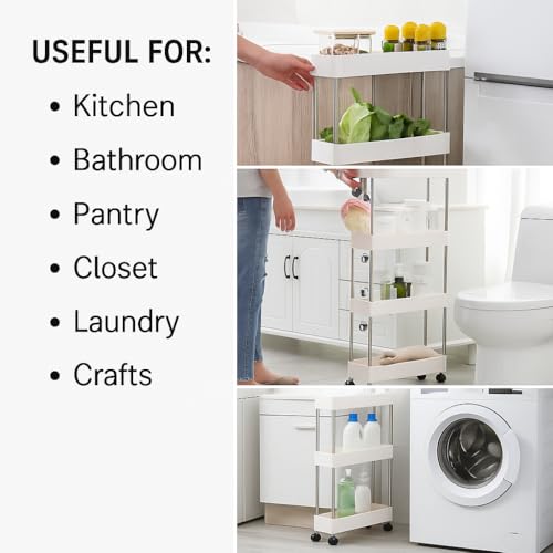 Modern Home 4-Tier Rolling Storage Cart with Bins – Slim Organizer for Bathroom, Kitchen, Laundry & Pantry – Mobile Utility Shelves with Wheels