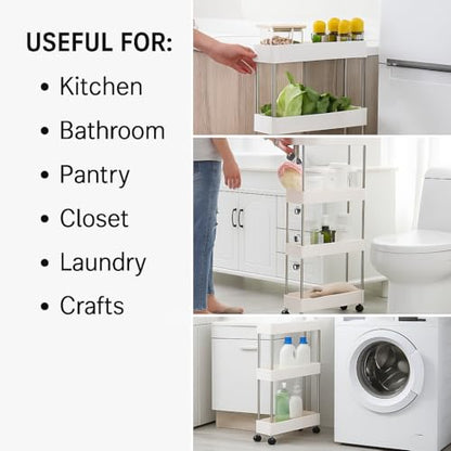 Modern Home 4-Tier Rolling Storage Cart with Bins – Slim Organizer for Bathroom, Kitchen, Laundry & Pantry – Mobile Utility Shelves with Wheels